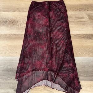 Mesh Floral Overlay Midi Skirt in Burgundy
